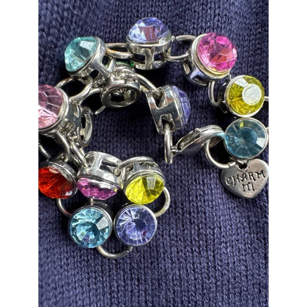 Charm Silver Tone Multi Color‎ Rhinestone Heart Charm Bracelet